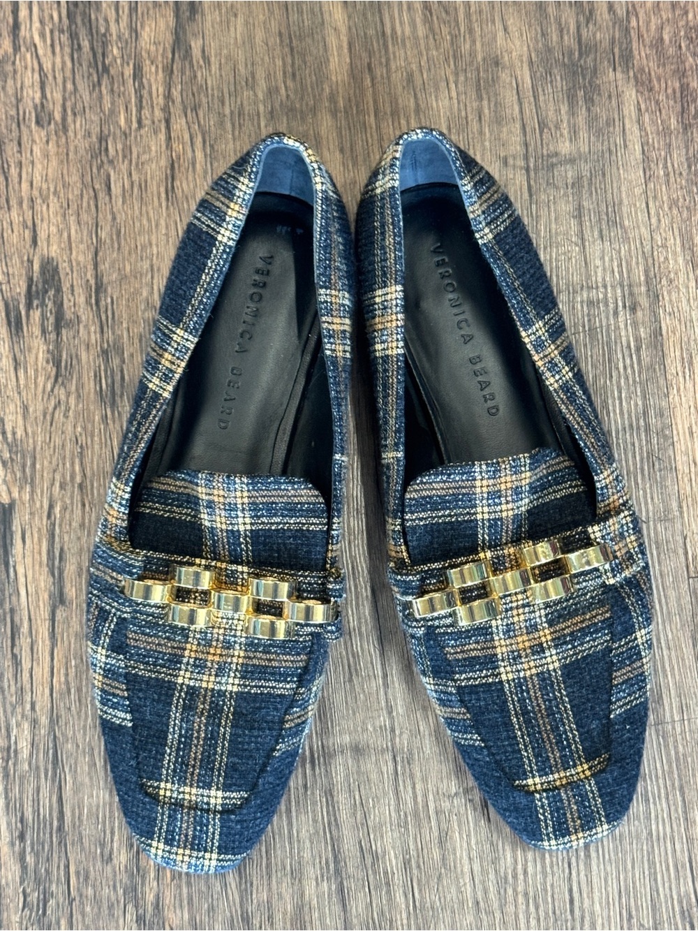 Veronica Beard Alire Plaid Chain Loafers Black Gold ✨